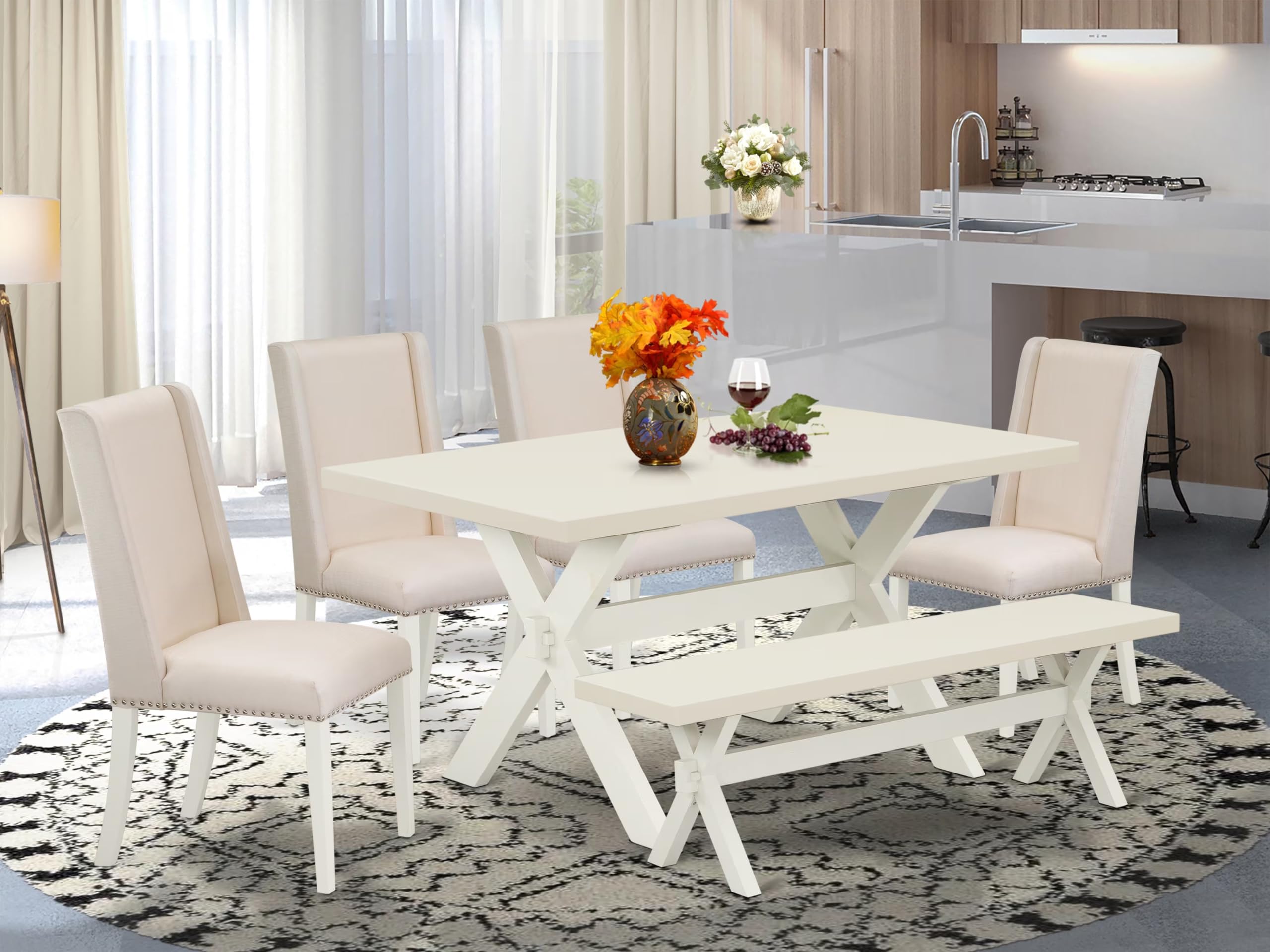 East West Furniture X026Fl201-6 6 Piece Kitchen Table Set Contains A Rectangle Dining Table With X-Legs And 4 Cream Linen Fabric Parson Chairs With A Bench, 36X60 Inch, Multi-Color